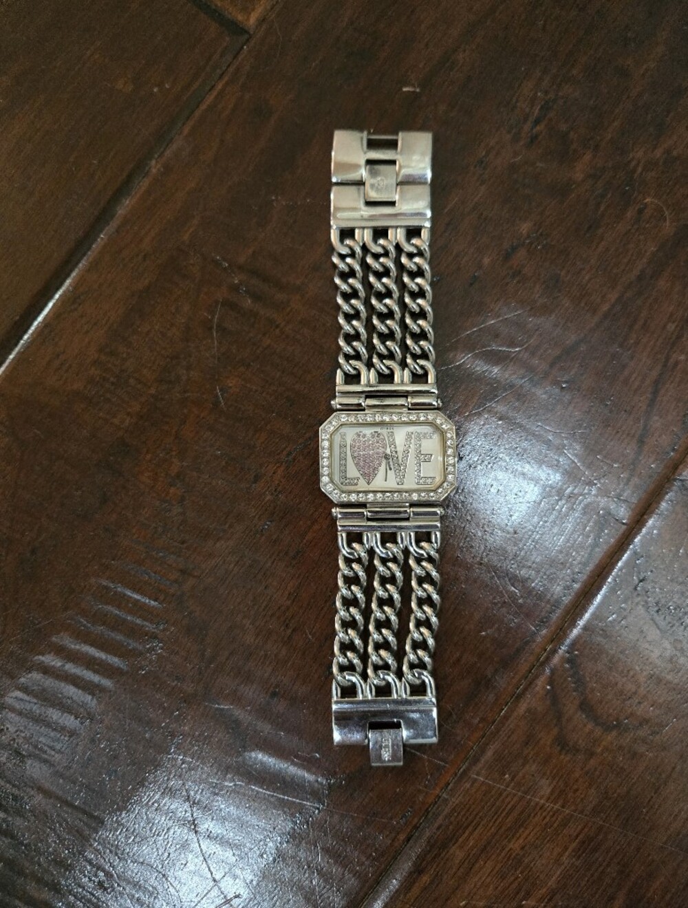 Guess Silver Tone Crystal-Accented Women's Bracelet Watch with Pink Heart